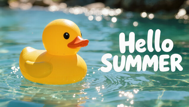 Yellow inflatable rubber duck with &ldquo;Hello SUMMER&rdquo; text floats on turquoise water, creating a cheerful and relaxing summer vacation mood.