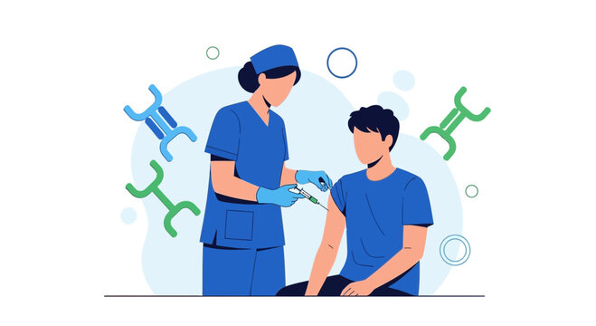 Nurse administering vaccine injection to young man, healthcare concept