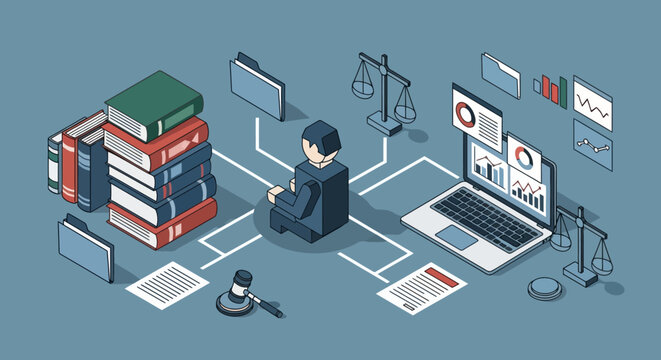 Lawyer working with legal documents and technology in office.