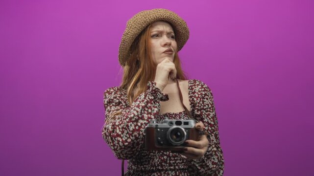 Redhead woman holding vintage camera, hand on chin and squinting while wearing straw hat in studio; thoughtful curiosity.