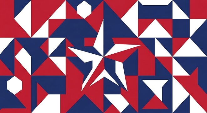 Abstract composition of geometric shapes in red, white and blue, with a large star