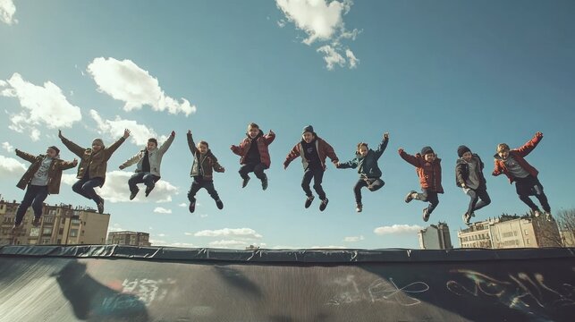 Children jumping on trampoline under blue sky