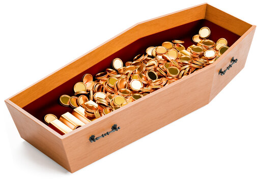 Gold ingots and gold coins in a casket. Concept for inheriting a fortune. Pure white background for better separation