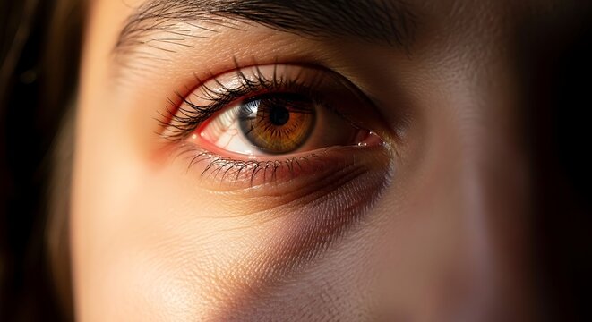 Close-up macro shot of a human eye with brown iris and long eyelashes