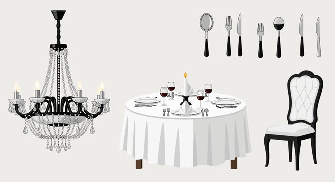 Elegant fine dining table setting with white tablecloth, cutlery, glasses, and a chandelier in a formal restaurant, bright studio background, vector illustration