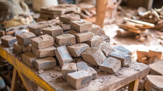 Clay blocks stacked on table in workshop