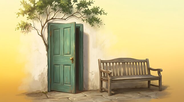 A green door ajar in a white wall next to a wooden bench and tree branches  serene scene