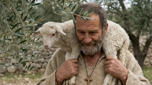 Good shepherd man carrying lost lamb on his shoulders in biblical landscape showing mercy, Christian symbolism, faith