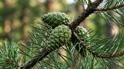 Obraz premium Green pine cones on a branch with needles, close-up, forest background