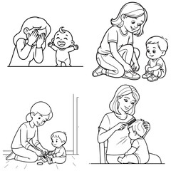 Fototapeta premium Set of coloring pages featuring a mother caring for her baby, including playing peekaboo, tying shoelaces, and brushing hair