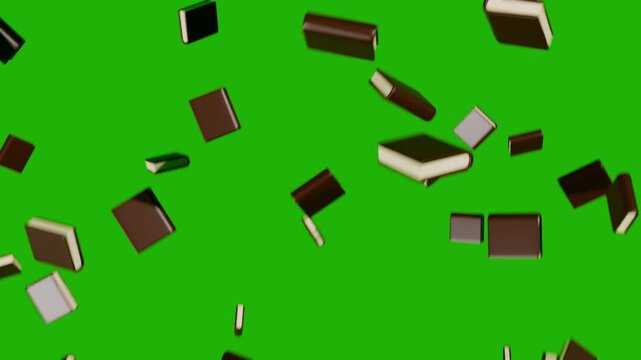3d books floating down from above, on a solid colour background