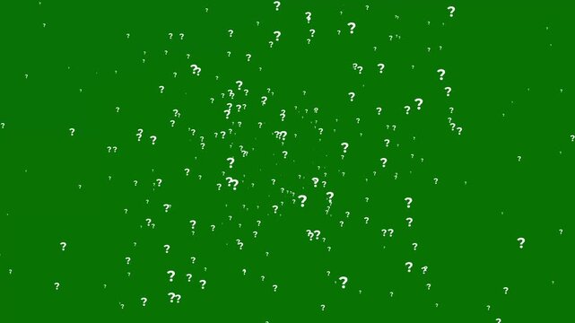 White animated question marks flying with particles on green background 4K seamless loop motion graphics, transparent alpha channel, comic style symbols popping up for video editing and web design