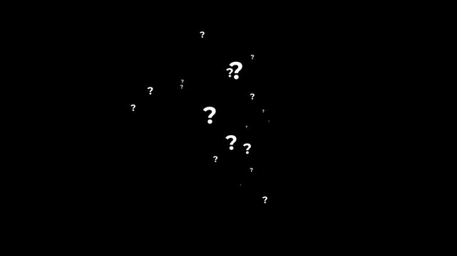 Animated question mark symbols moving on black screen background with particle effects, white thin line icons, seamless loop HD 4K motion graphics for asking, problem, why concept videos