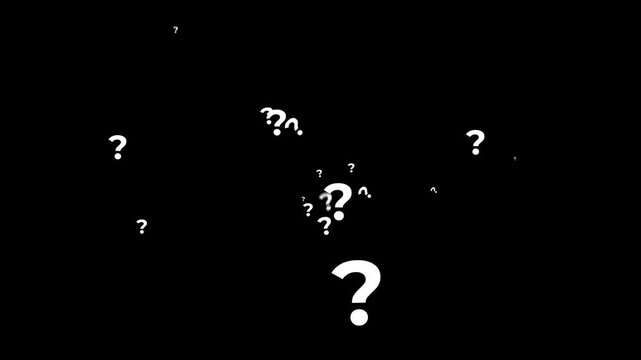 Pop up animated question mark icons with white thin line style on black screen background, particle motion effects, seamless loop HD 4K transparent alpha channel for video editing