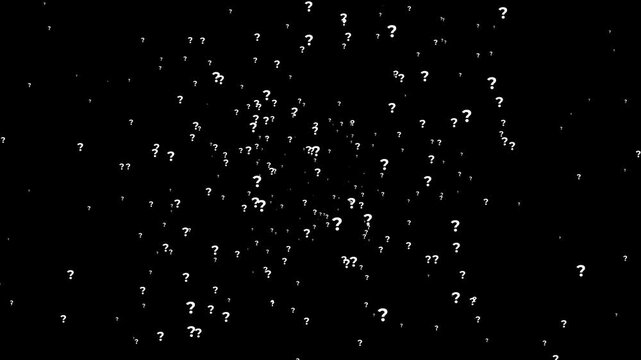 White animated question marks flying with particles on black background 4K seamless loop motion graphics, transparent alpha channel, comic style symbols popping up for video editing and web design