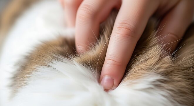 Gentle hand stroking soft fur of a domestic cat, close-up detail