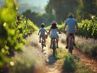 Fototapeta premium family cycling vineyard path with a blured nature background