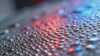 Fototapeta premium Advanced materials Iridescent water drops or beads sit on a dark surface and reflect vibrant red and blue lights in a laboratory
