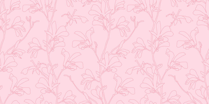 Hand Drawn Magnolia Flowers And Branches In Bloom. Seamless Banner Background.