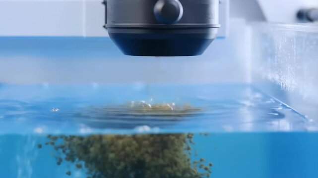Feeder automated dropping food pellets into blue water with ripples and bubbles featuring macro, close-up, aquarium with fish and pet elements for