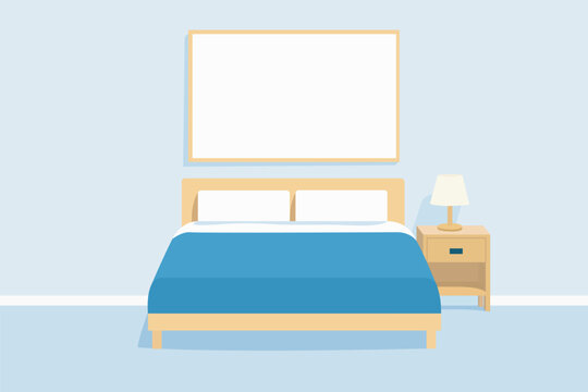 Interior de quarto de dormir em tons de azul claro e suave com um quadro em branco ao fundo -  Ilustra&ccedil;&atilde;o vetorial 