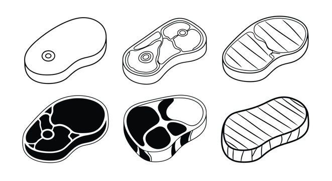 Cross-sectional views and textures of different types of meat cuts and soles Vector