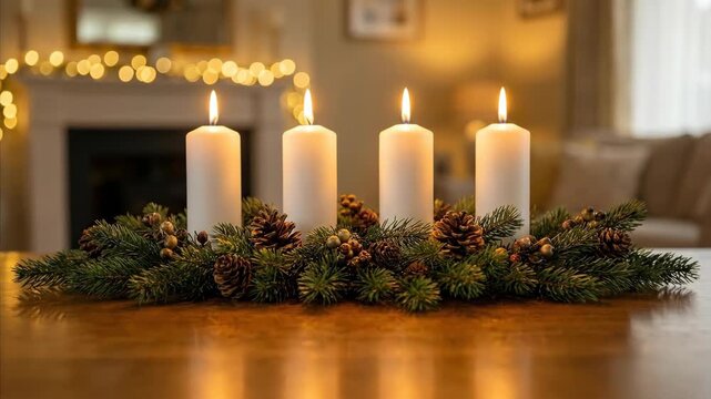 Advent wreath with four lit candles on a table, symbolizing the celebration of Advent season for christianity
