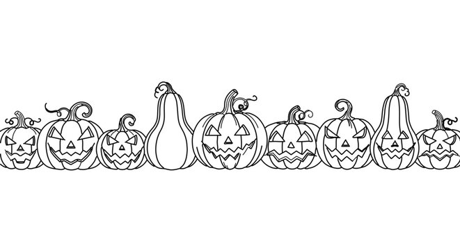 A minimalist vector illustration of carved jack-o-lanterns and gourds in a row on a white background