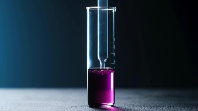 Test tube with purple liquid and pipette dropping a single bead of clear fluid, science laboratory macro shot.