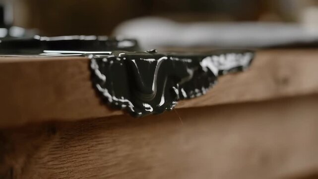 Lacquer dark viscous liquid being applied to wood surface with a textured edge detail, macro close-up
