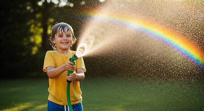 Joyful child spraying water from hose creates a beautiful rainbow in sunlight