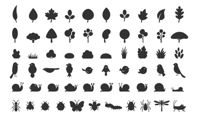 Fototapeta premium silhouettes of leaves birds snails and insects set vector illustration on transparent background