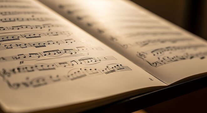 Close-up of an open sheet music book with musical notation on aged paper