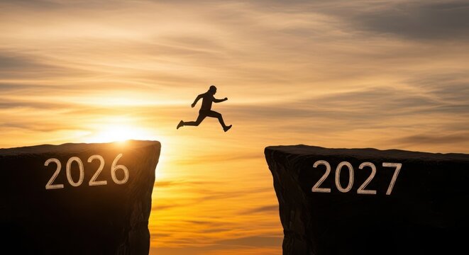 Man jumping over a gap between two cliffs labeled 2026 and 2027