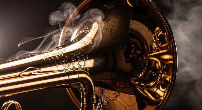 Close-up of a gleaming brass trombone with wisps of smoke swirling around it