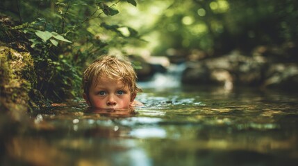 Fototapeta premium child swimming mountain stream with blured nature background