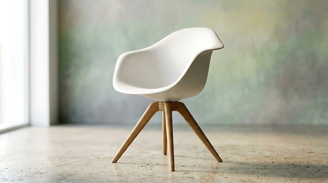 Modern white chair with wooden legs in a room with concrete floor and greenish wall near window  minimalist furniture design