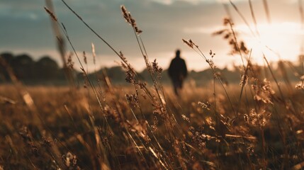 Obraz premium person walking golden hour field with blured nature background