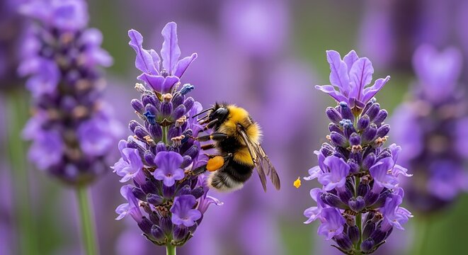 Close-up of a fuzzy bumblebee collecting nectar from a vibrant purple lavender flower