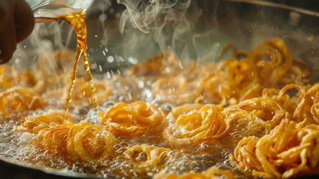 Jalebi frying in hot oil for Gudi Padwa festival. Indian chef preparing traditional sweet dessert in pan. Authentic cuisine cooking process, liquid syrup pouring into sugar syrup.