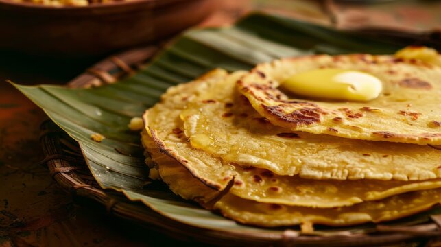 Puran poli served on green banana leaf for Gudi Padwa festival. Traditional Indian sweet flatbread with melted butter on top. Authentic festive food cultural celebration dish.