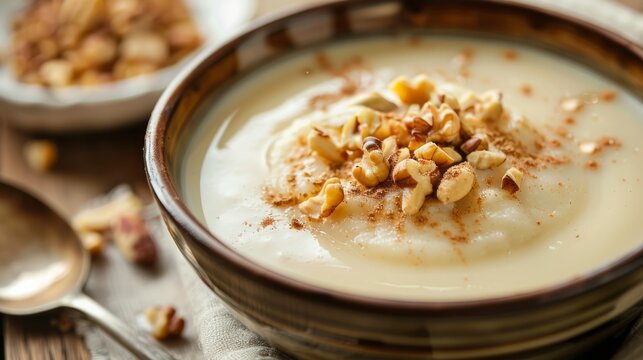 Shrikhand served in a bowl with nuts. Traditional Indian sweet yogurt dessert decorated with crushed walnuts during Gudi Padwa festival. Delicious creamy dairy dish for celebration.