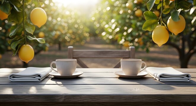 Two teacups set on a table with lemons in the background