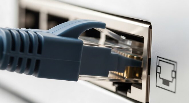 Close-up of a blue Ethernet cable being plugged into a network port