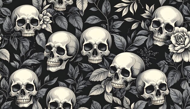 Skull bloom. Sepia skulls and floral foliage pattern against a dark backdrop. Macabre and botanical together