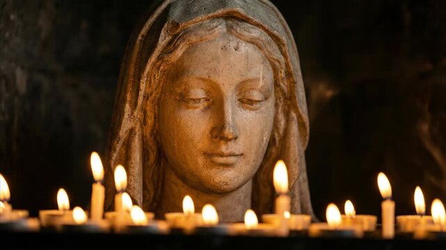 Mary statue surrounded by glowing candles, creating a spiritual and devotional atmosphere in a church for prayer