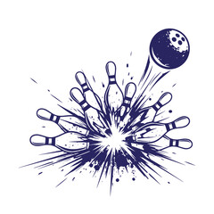 Fototapeta premium Dark blue ink of a bowling ball striking and scattering ten pins with an explosive splash effect on a white background