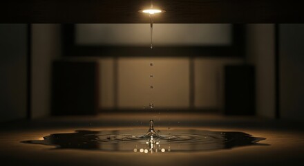 Obraz premium Water droplet falling from a light source creating ripples in a puddle