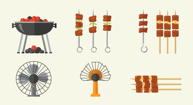Barbecue grill with hot coals, various skewers of meat and vegetables, and fans for cooking on a light background.