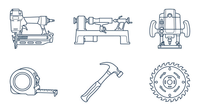 Woodworking Tools Outline Icons Set with Hammer and Circular Saw on Isolated White Background